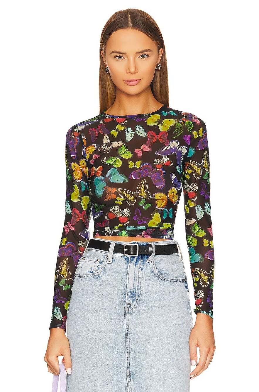 Alice + Olivia Delaina Butterfly High Black Top Large